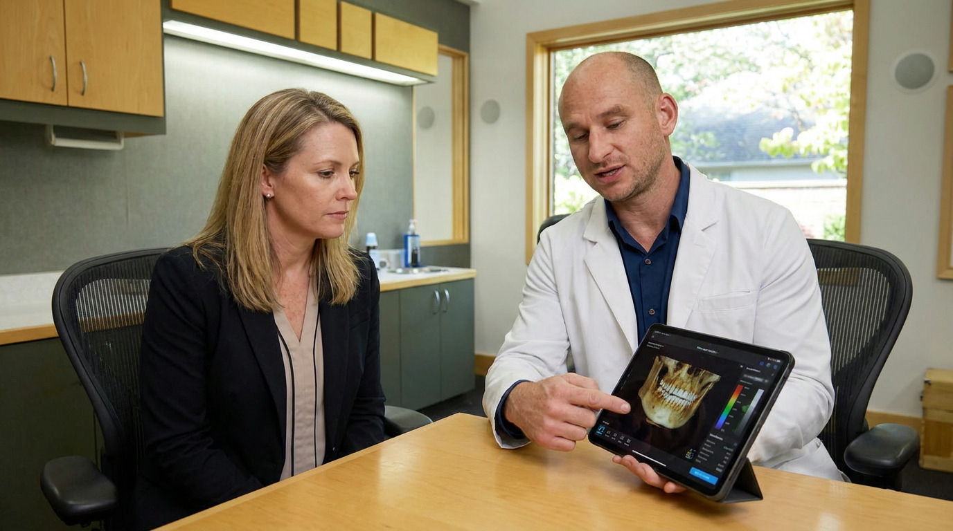 A male dentist in a white lab coat points to a 3D dental scan of a jawbone on a tablet while a female patient in a black blazer looks on in a consultation room.