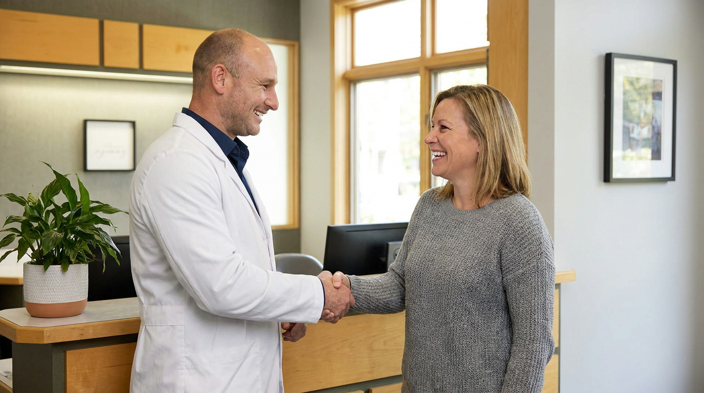 A man in a white lab coat shakes hands and smiles with a woman in a grey sweater in a bright dental office reception area.