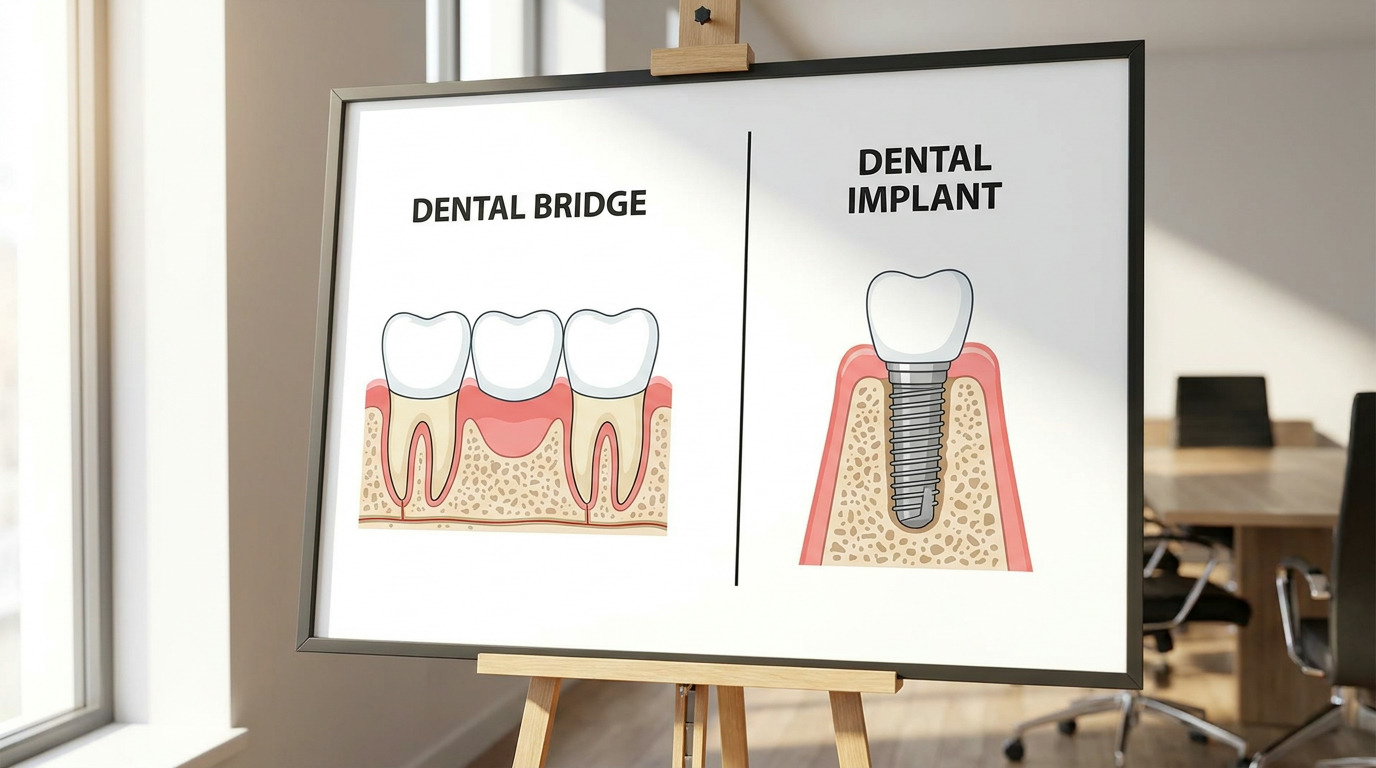 A whiteboard on an easel displays diagrams of a dental bridge and a dental implant, with text labels, in an office setting with a window and chairs.