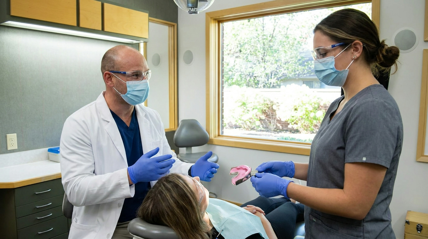 A male dentist in a lab coat and mask speaks to a patient in a dental chair while a female assistant in scrubs and mask holds a dental impression tray.