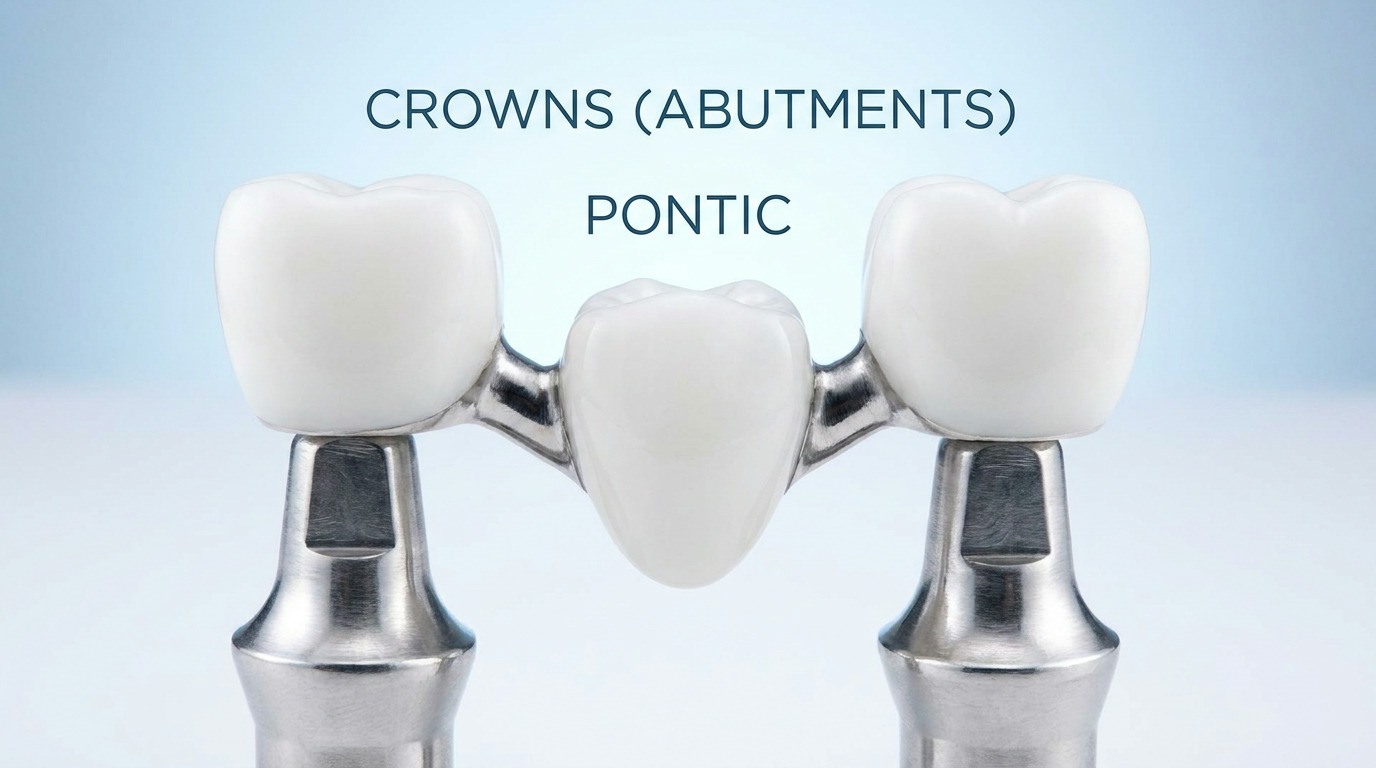 A dental bridge with two white crowns on metal abutments and a white pontic in the middle, against a soft blue and white gradient background, with text overlays.