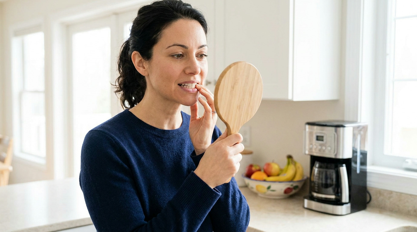 Zoe, wearing a navy blue sweater, holds a wooden hand mirror and touches her teeth in a bright kitchen with a fruit bowl and coffee maker on the counter.
