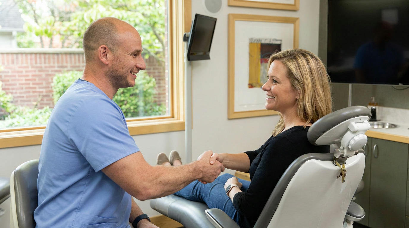 A bald man in blue scrubs shakes hands with a smiling woman in a dental chair, next to a large window.