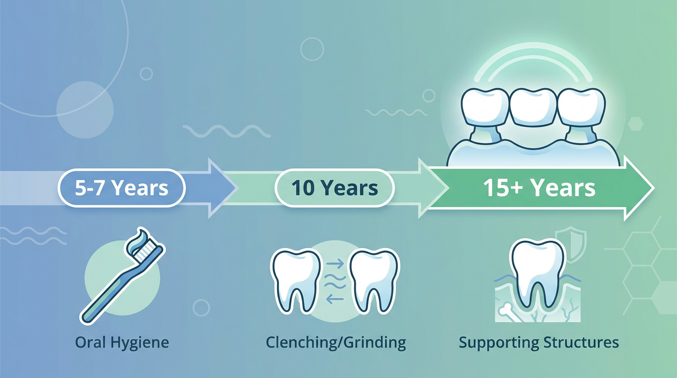An infographic shows a timeline with arrows labeled "5-7 Years," "10 Years," and "15+ Years" leading to a dental bridge icon. Below are icons for oral hygiene, clenching/grinding, and supporting structures.