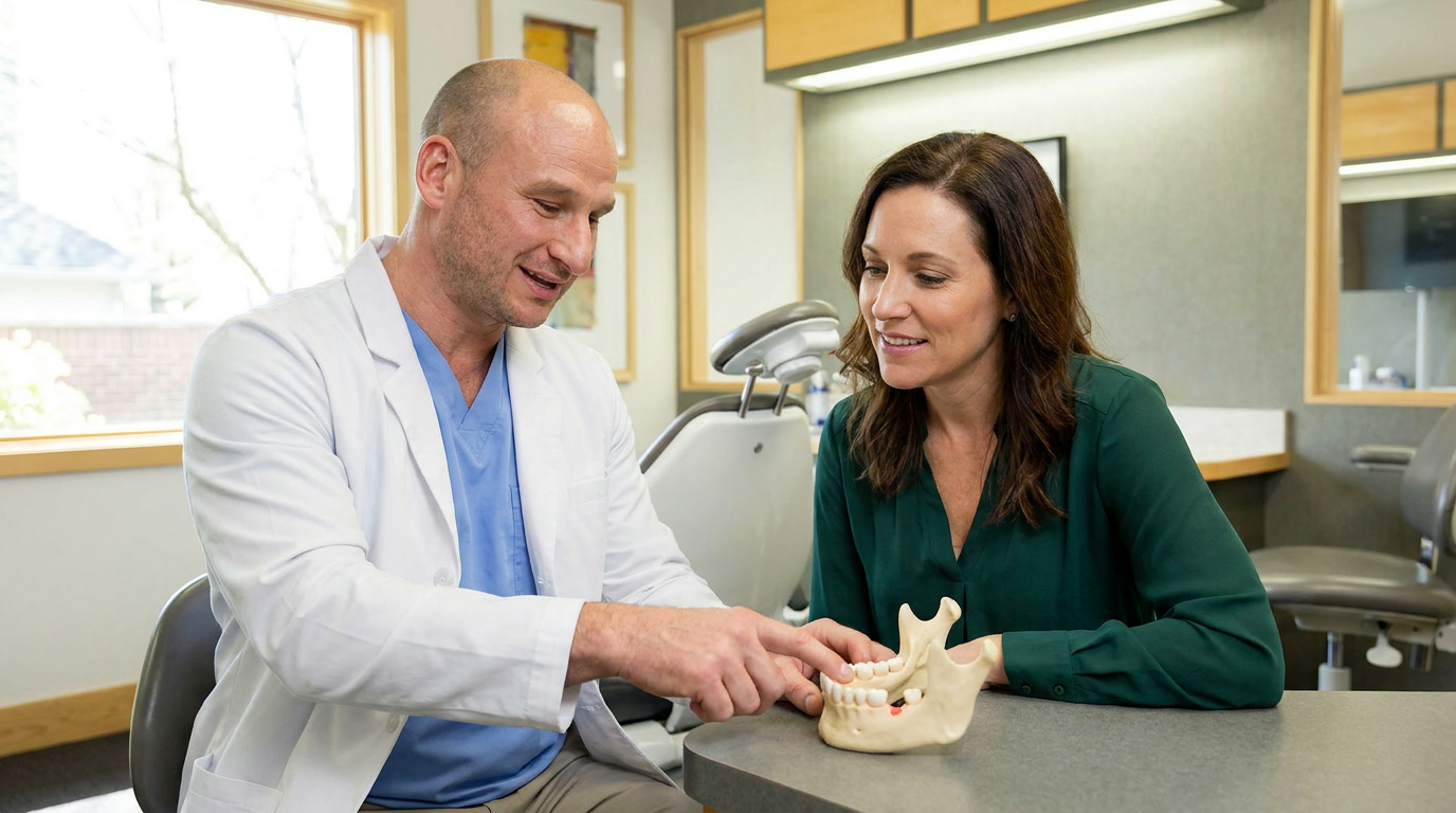 Dr. Cory Fortson, wearing a white lab coat over blue scrubs, points to a jawbone model on a counter while speaking with a woman in a dark green top in a bright dental office.
