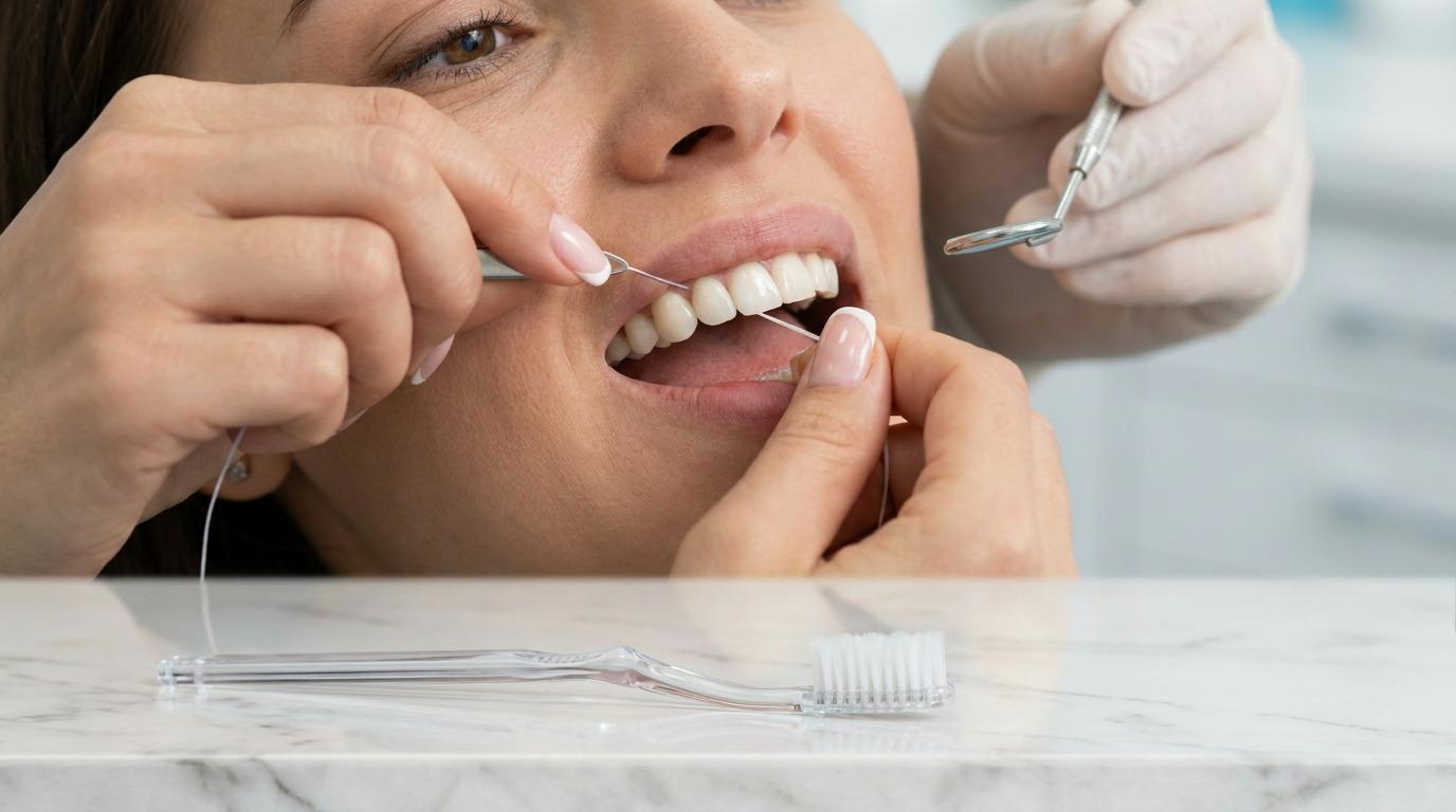 A person flosses their teeth with dental floss and a flossing tool, while a gloved hand holds a dental mirror, and a clear toothbrush rests on a marble counter.