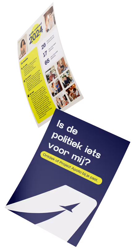 Brochure van Project Apollo met de titel ‘Is de politiek iets voor mij?’ in gele en blauwe kleuren