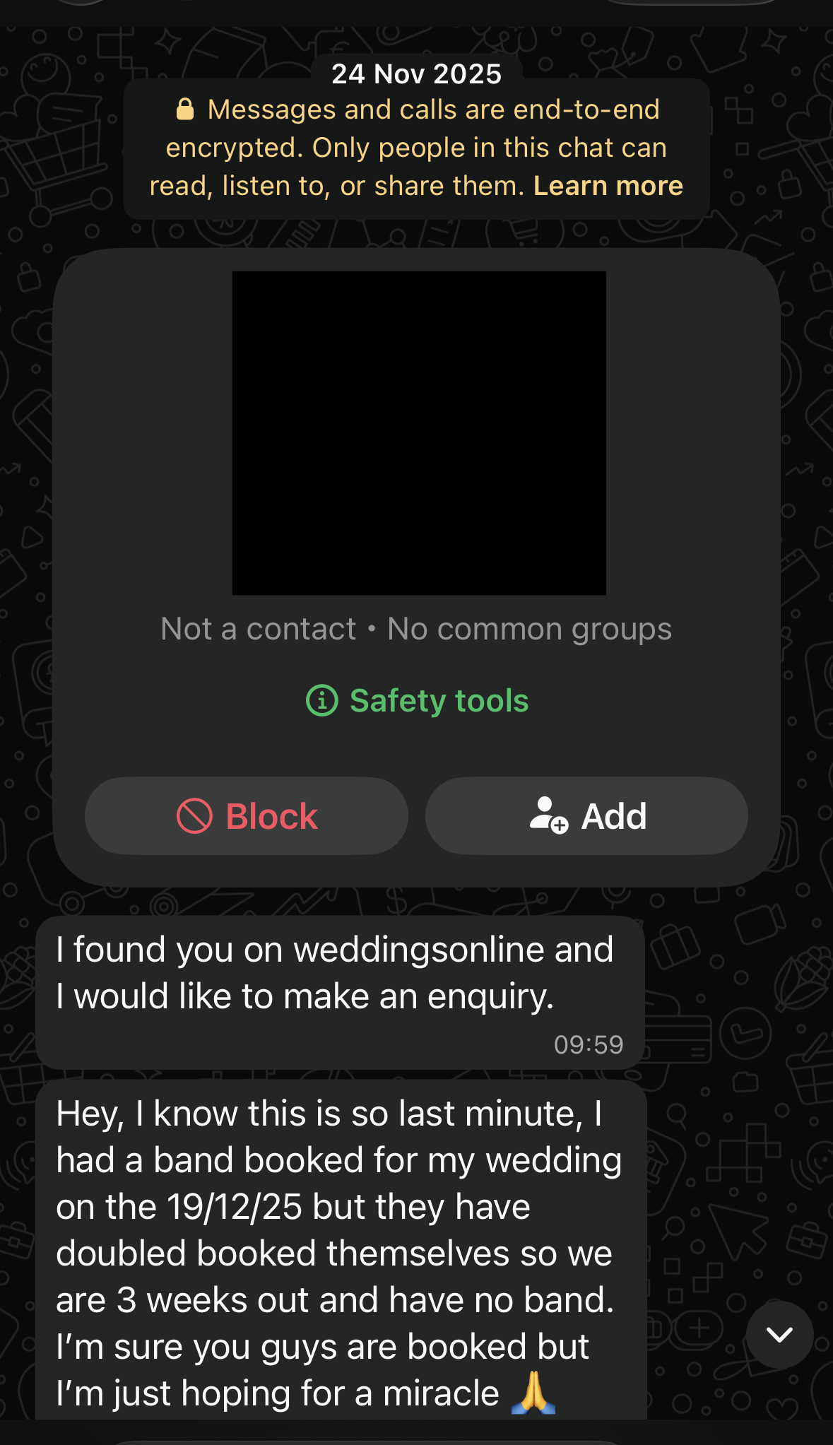 A WhatsApp message from a couple having their wedding in December 2025 asking Bentley Boys for help after their band cancelled at the last minute