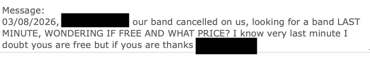 A message to Bentley Boys by a potential customer whose wedding band cancelled at the last minute