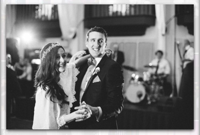 bride and groom dancing to Bentley Boys live music at Christmas wedding