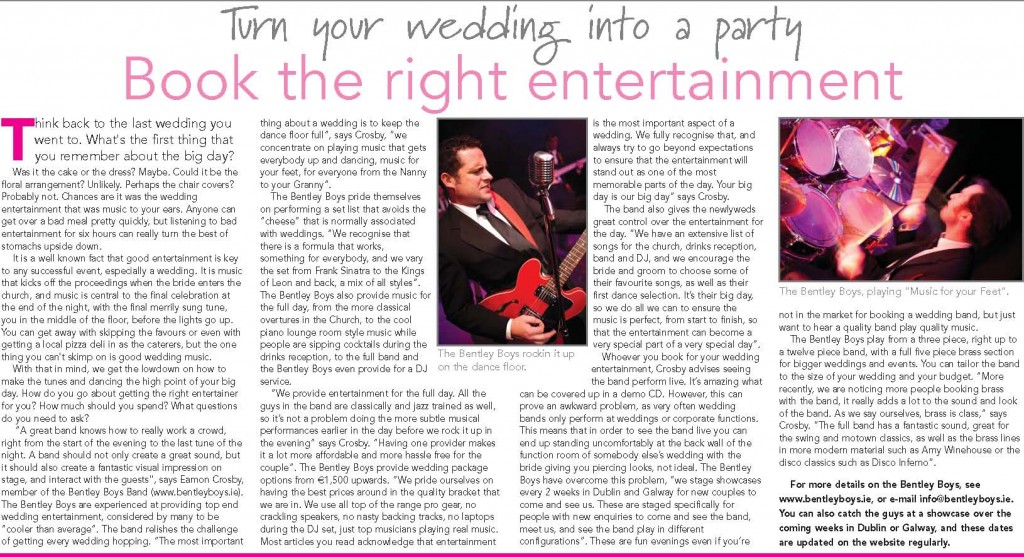 Bentley Boys Band were featured in the Irish Independent to discuss wedding music entertainment