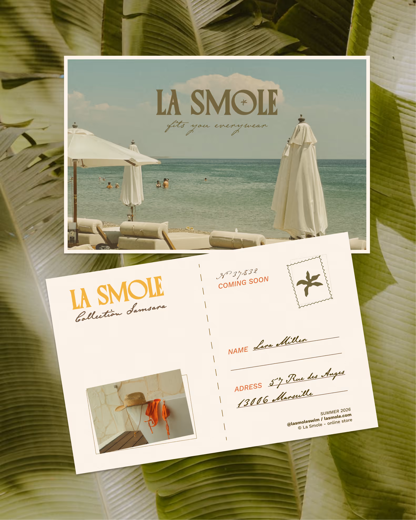 Exemple d'application de l'identité visuelle pour La Smole : carte postale pour annoncer une nouvelle collection