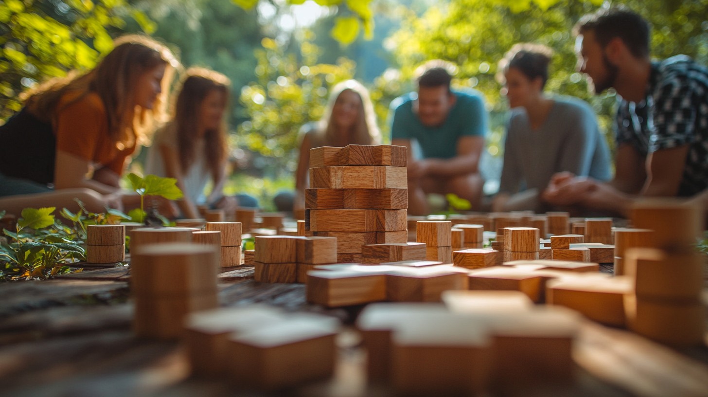 Vue de dessus d'un groupe réparti autour d'un coffre en bois ouvert posé sur une table en extérieur, mains qui manipulent des objets mystérieux, ambiance de concentration et de complicité, lumière naturelle d'été.