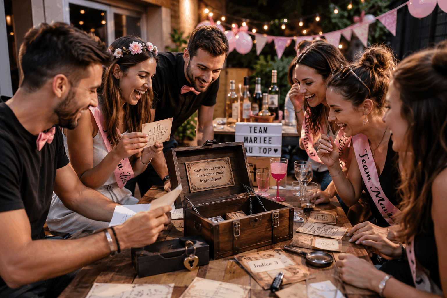 Vue d'un salon ou d'une terrasse transformé en espace de jeu EVG/EVJF : coffre mystérieux ouvert sur une table, verres et bouteilles en arrière-plan, groupe de personnes joyeuses en train de manipuler des indices, ambiance festive et complice.