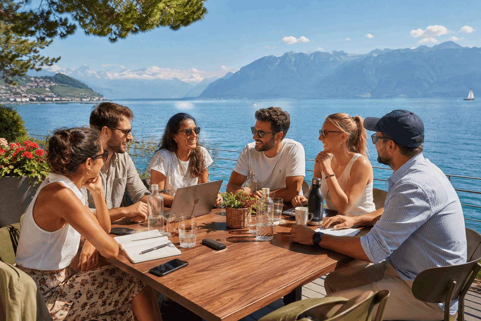 Groupe de collaborateurs en tenue estivale décontractée, installés autour d'une table sur une terrasse au bord du lac Léman, vue sur l'eau et les montagnes en arrière-plan, manipulant des objets d'énigmes sortis d'un coffre en bois, lumière de fin d'après-midi.