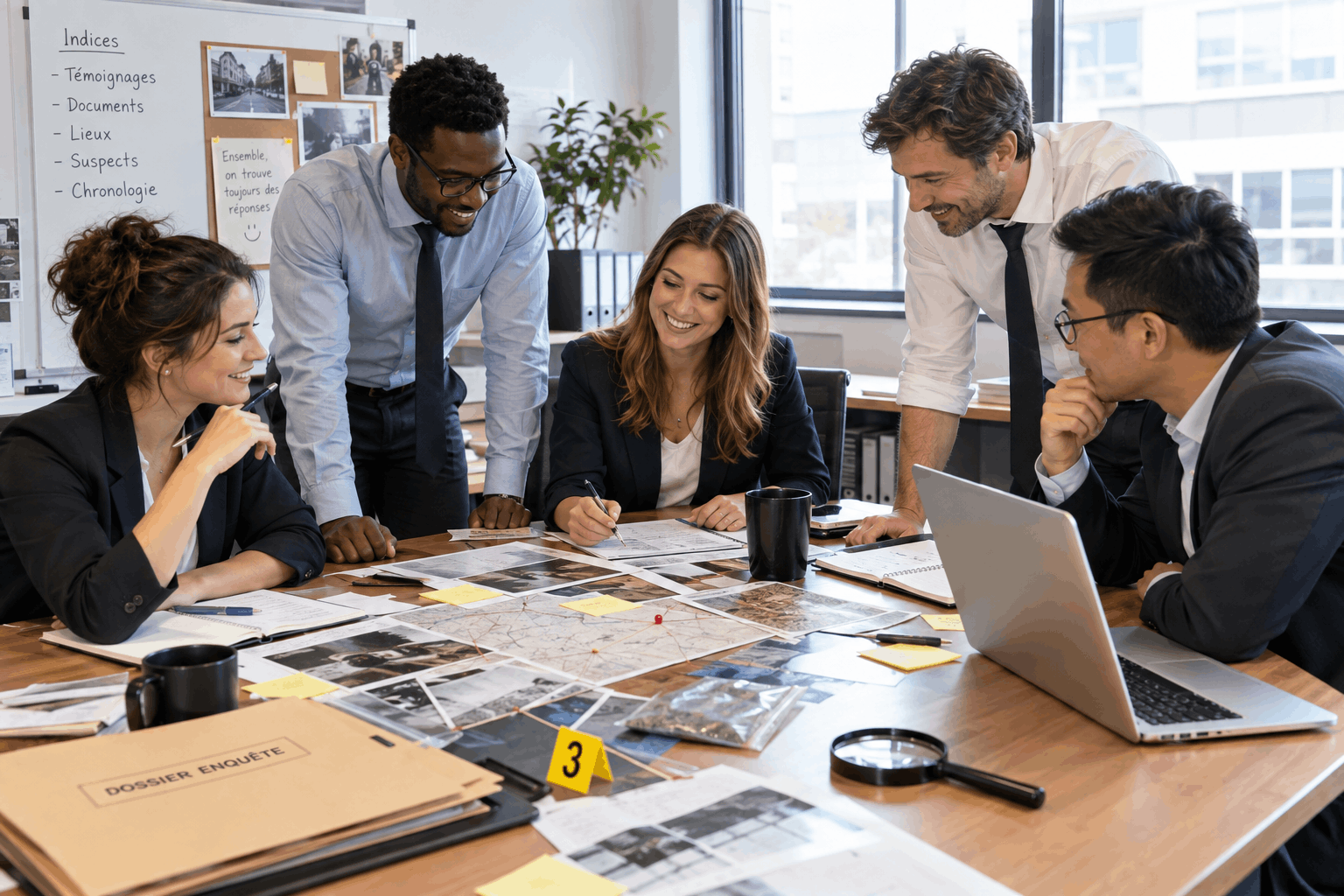 Une équipe en tenue de bureau, réunie autour d'une table de réunion transformée en poste d'enquête, avec des documents et indices étalés, ambiance de concentration collective et de bonne humeur, lumière de bureau naturelle, cadre professionnel à Lausanne.