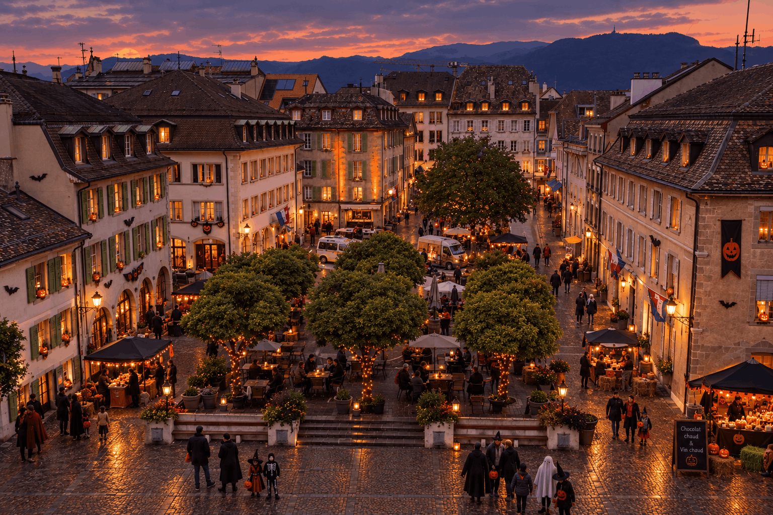 Place de village vaudois à la tombée de la nuit, décorée de lanternes et de courges : familles et enfants costumés faisant la queue devant un stand d'énigmes éclairé, un animateur en cape remettant une carte à un groupe. Façades anciennes et fontaine en arrière-plan, ambiance festive et légèrement brumeuse.