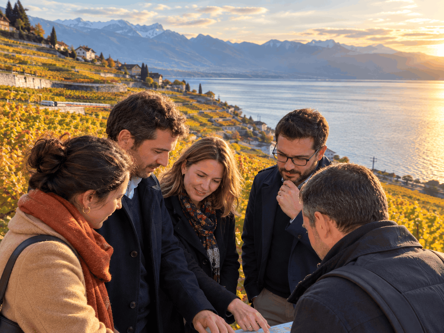Petit groupe de collègues en tenue de ville et vestes d'automne, en extérieur, penchés sur un sac verrouillé et une carte d'orientation près d'une balise d'énigme. En arrière-plan, vignes en terrasses du Lavaux aux couleurs dorées et lac Léman sous une lumière douce de fin d'octobre. Ambiance complice et concentrée.