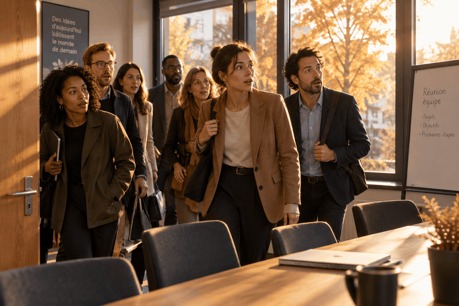 Une équipe de six à huit collaborateurs entrant dans une salle de réunion, expressions de surprise et de curiosité, lumière d'automne rasante par la fenêtre.