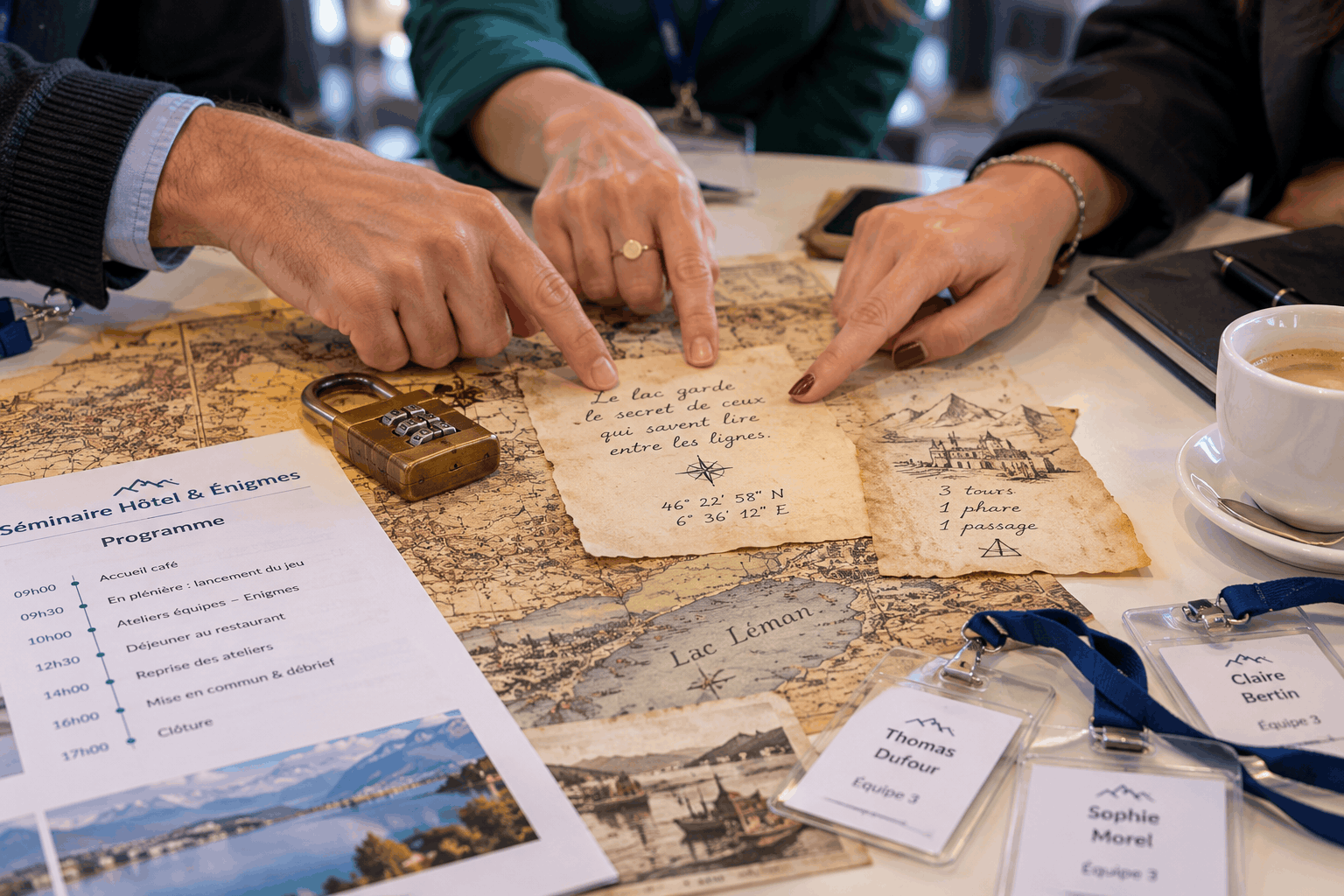 Gros plan sur une table de séminaire : un coffre d'escape game ouvert, une carte ancienne, un cadenas à code et des indices manuscrits, avec en bordure de cadre un programme de séminaire imprimé, des badges nominatifs et une tasse de café. Mains de trois participants pointant le même indice, arrière-plan flou.