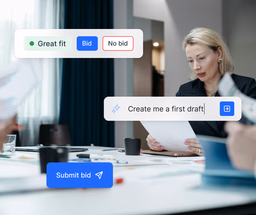 Businesswoman reviewing documents at a table with overlaid UI elements showing bid options and a prompt to create a first draft.