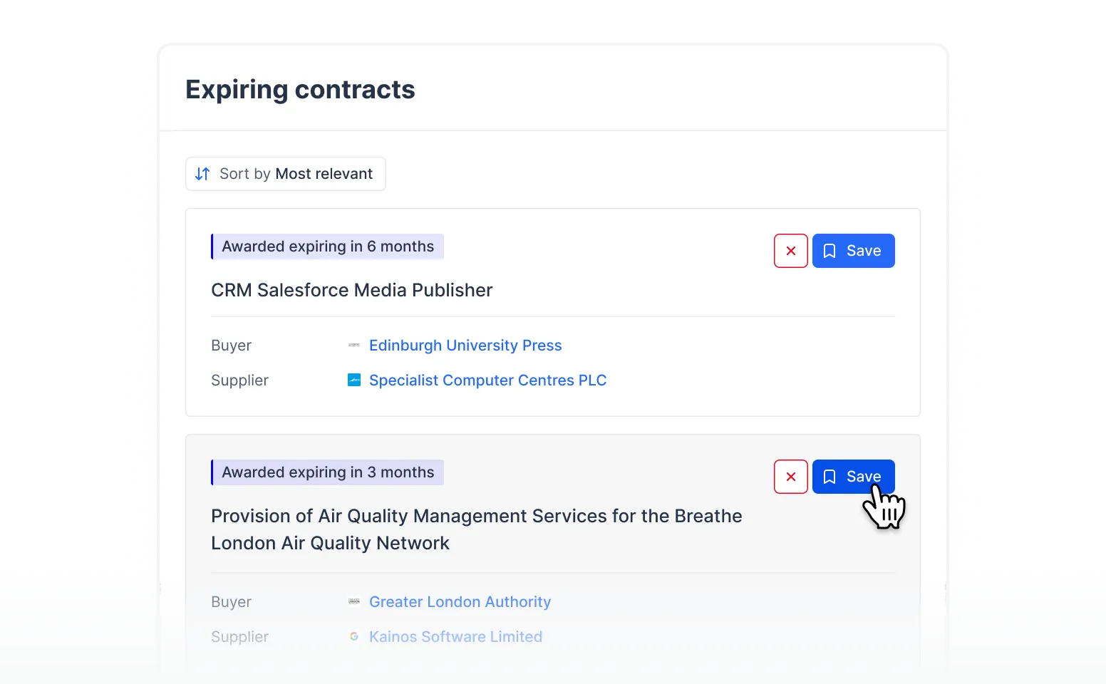 User interface showing expiring contracts sorted by most relevant, with two contracts listed and save buttons, one cursor clicking the save button for the second contract.