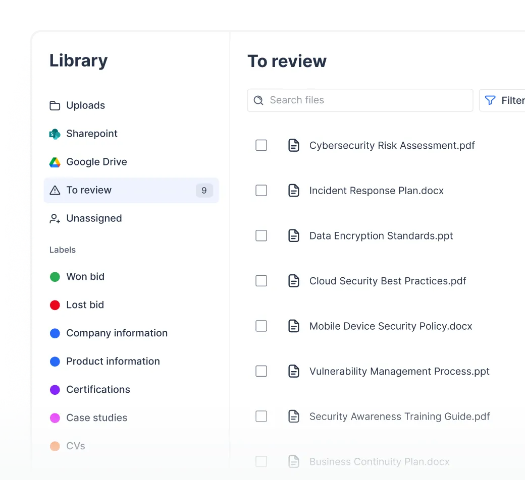File management interface showing a library with folders and labels on the left and a list of security-related documents to review on the right.
