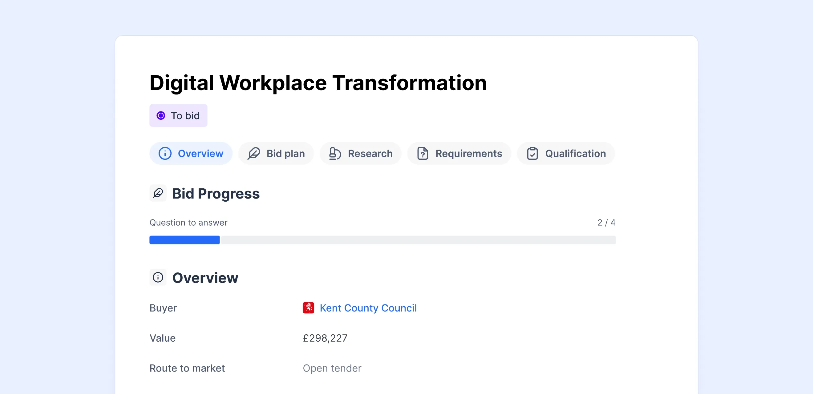 Digital Workplace Transformation bid interface showing progress, buyer, value £298,227, and open tender route.