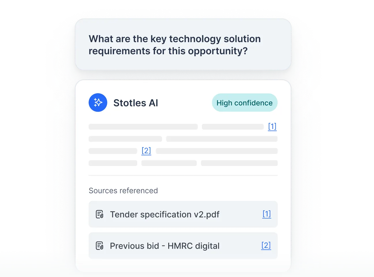 Stotles AI answering key technology solution requirements with high confidence and referenced sources.