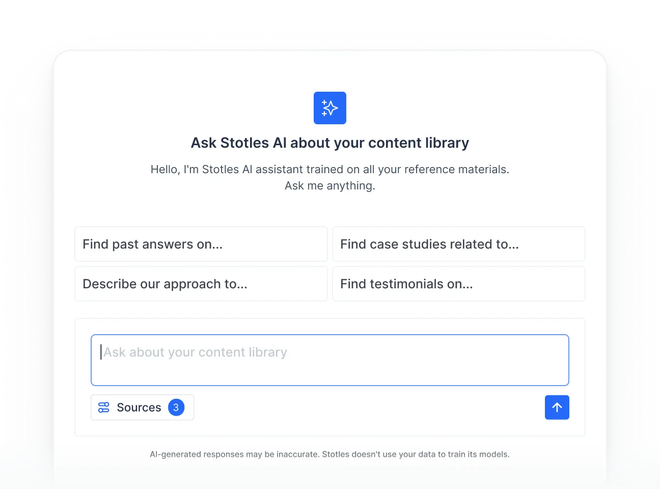 Chat interface for Stotles AI assistant to ask questions about your content library with example prompts visible.