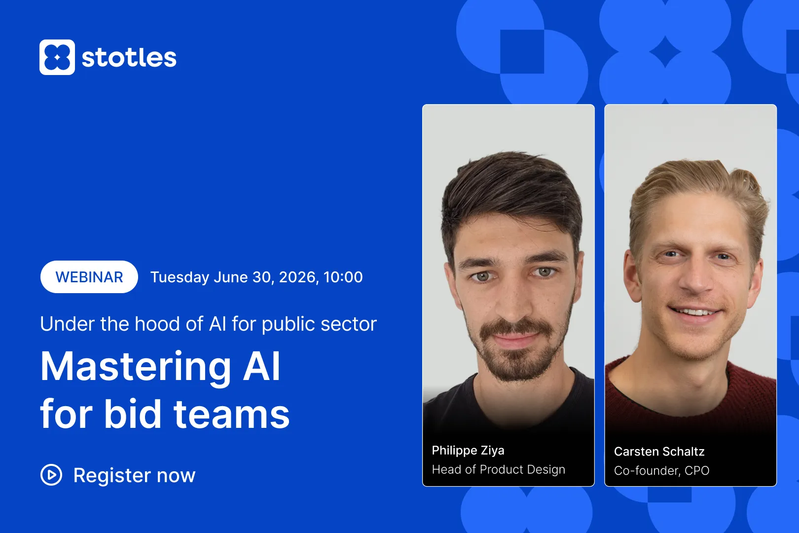 Webinar on mastering AI for bid teams on June 30, 2026, with Philippe Ziya and Carsten Schaltz.