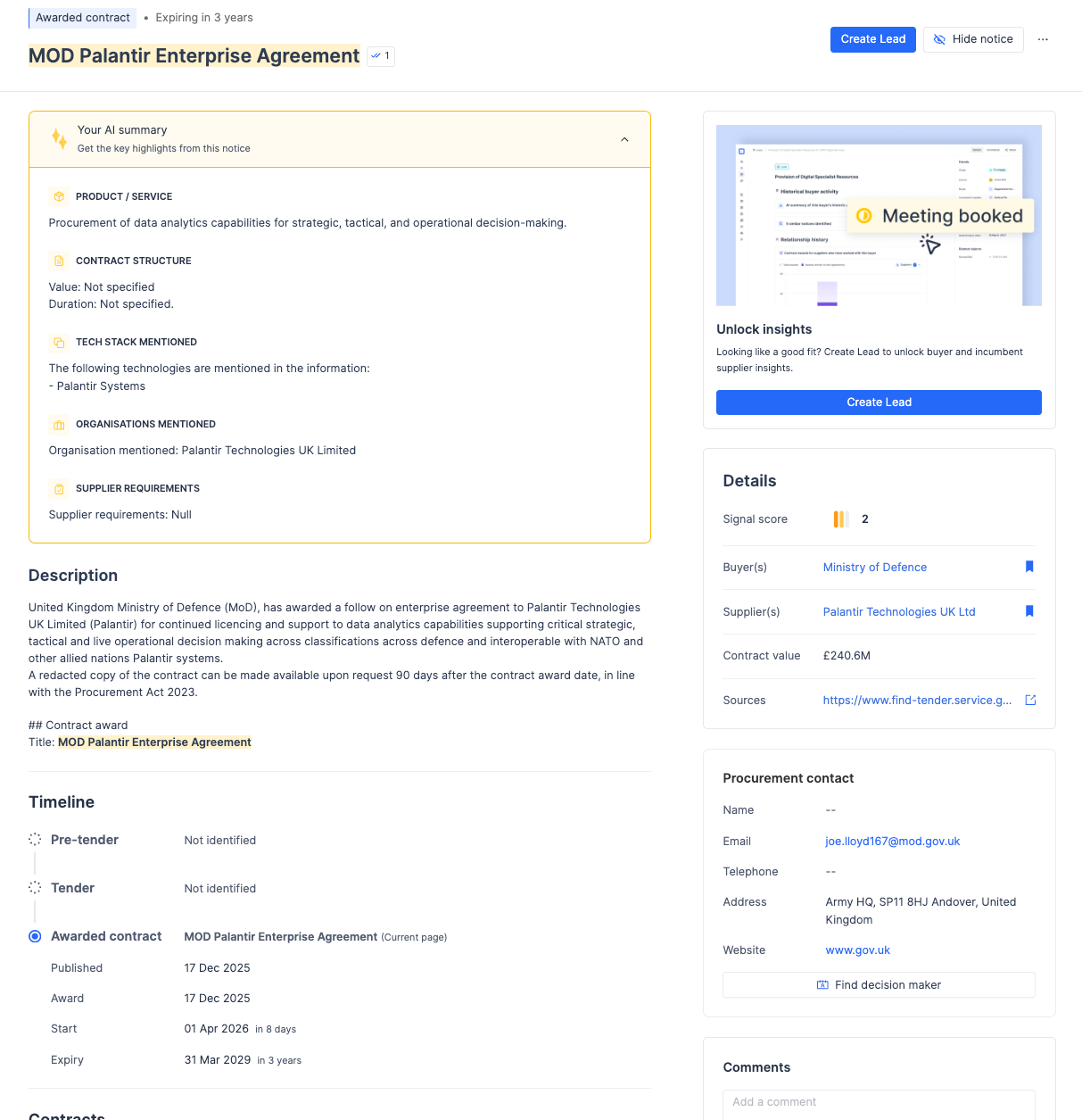 MOD Palantir Enterprise agreement, on Stotles