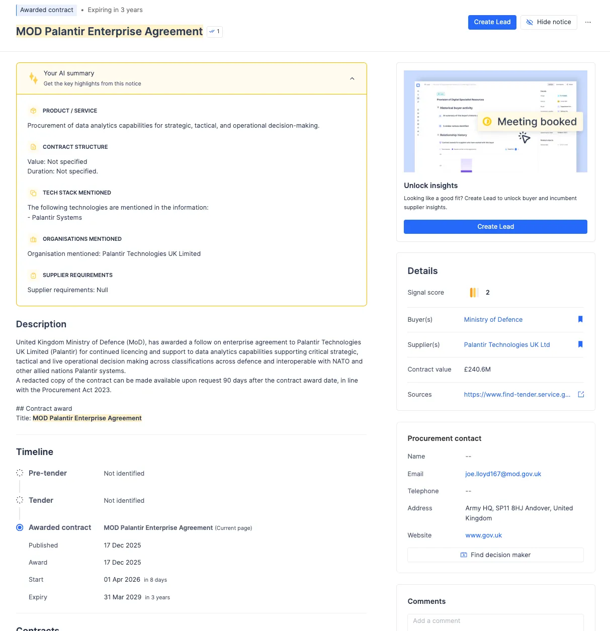 MOD Palantir Enterprise agreement, on Stotles