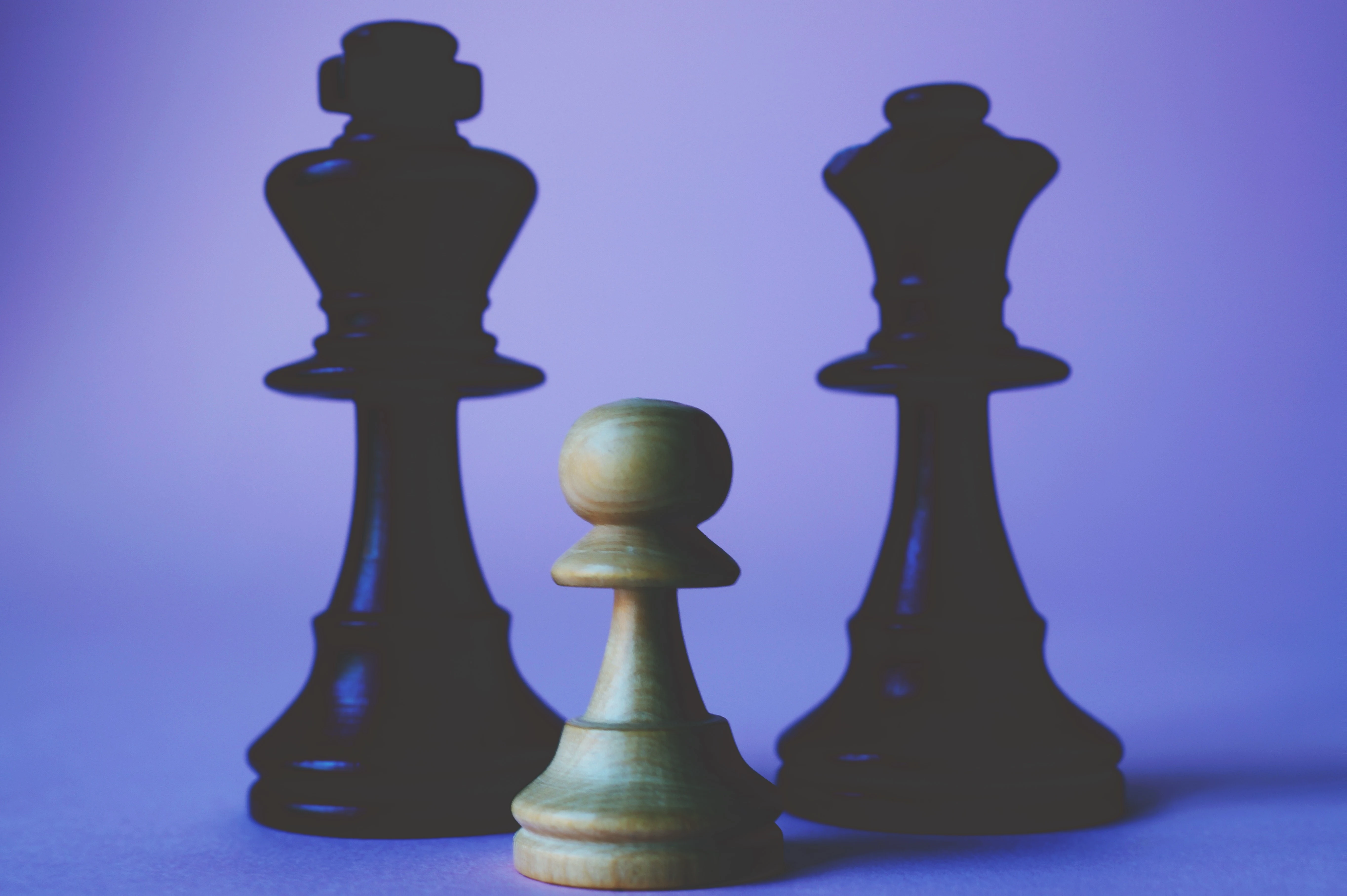 Chess pieces including a white pawn, black king, and a black queen