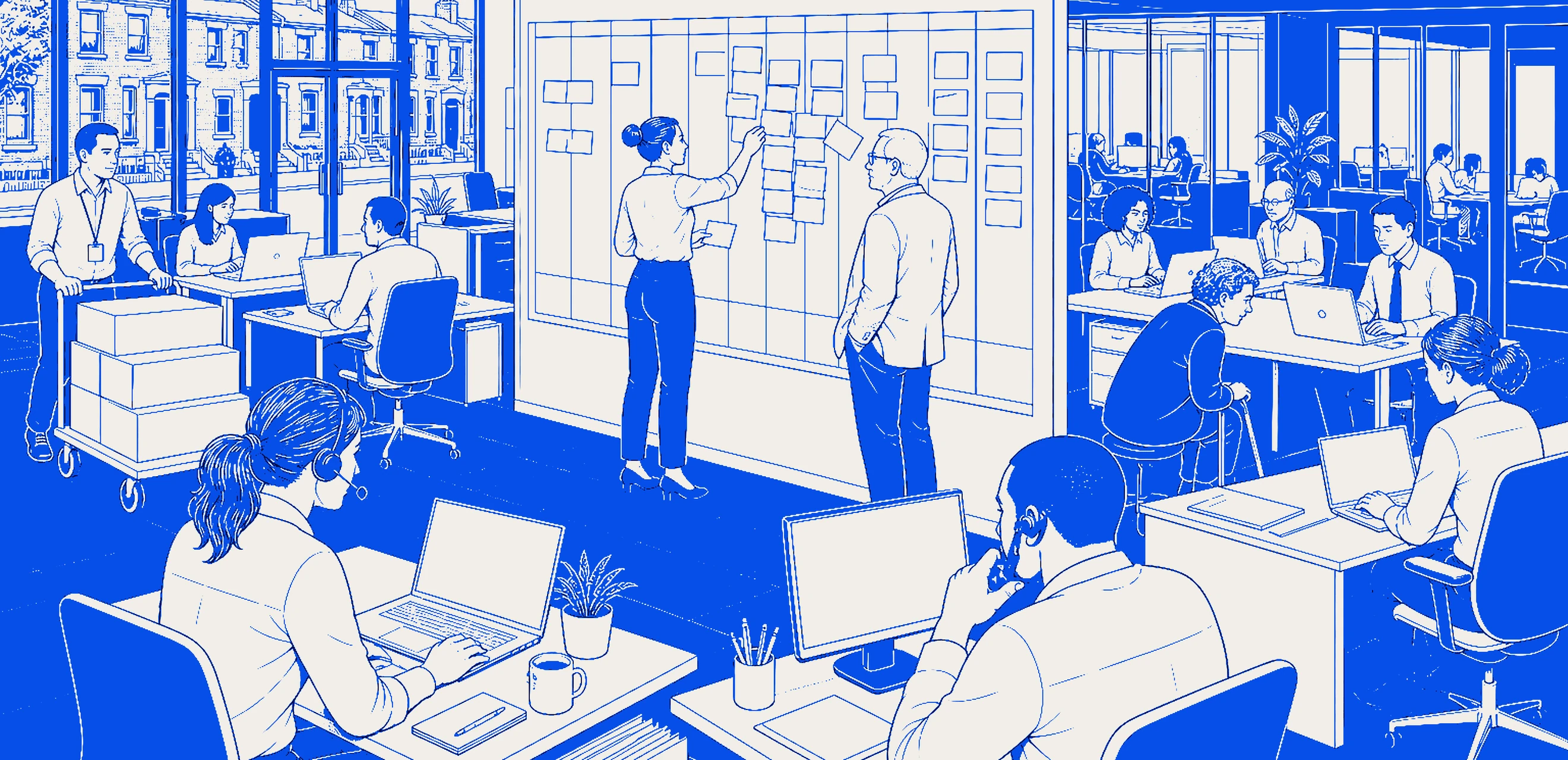 illustration of people in an office and a whiteboard