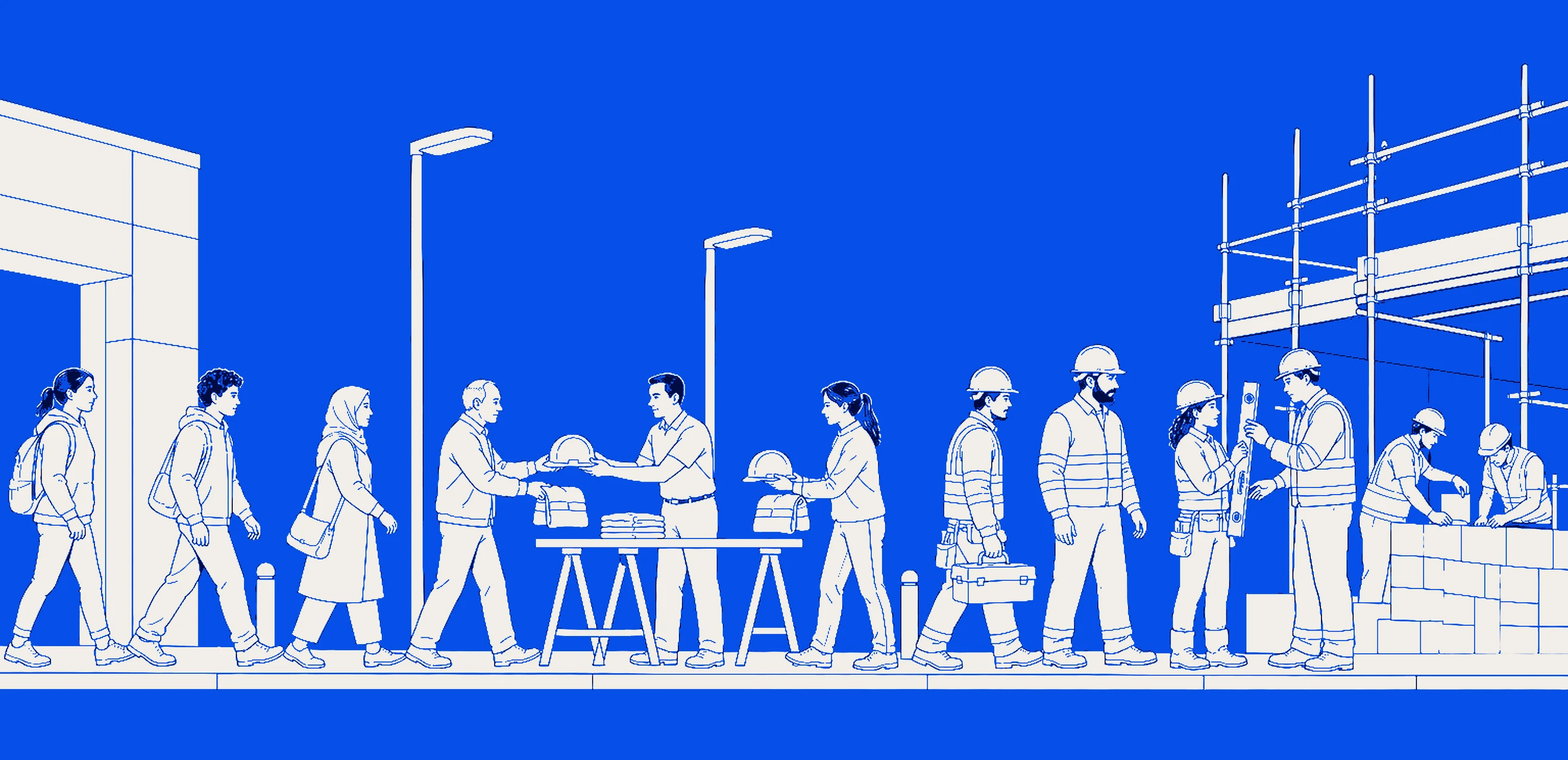 line of people trading construction gear