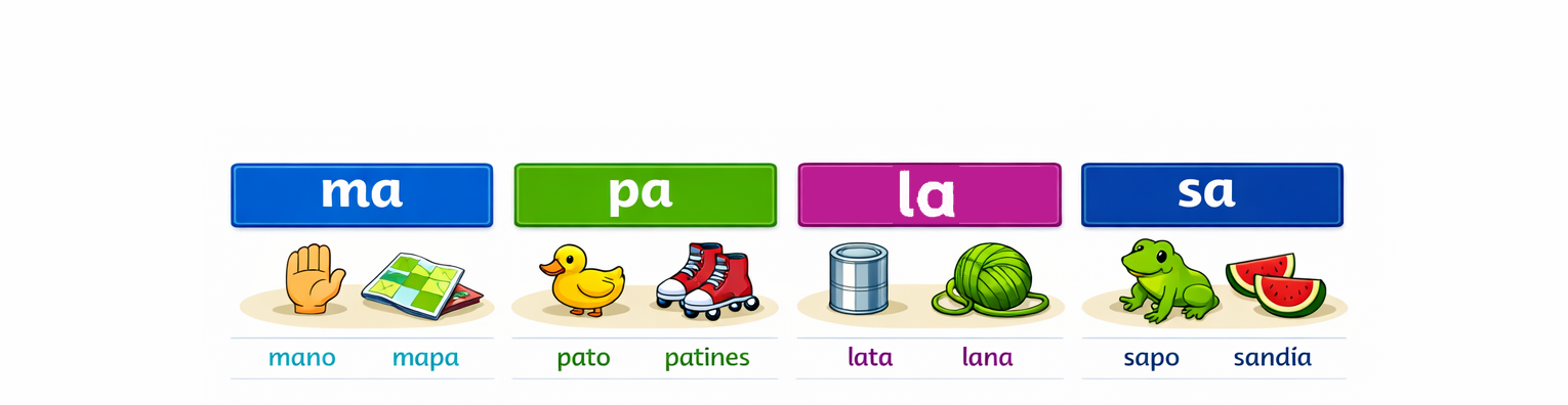 Four columns with images: hand and map, duck and roller skates, can and yarn, frog and watermelon with Spanish words.