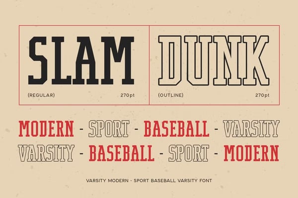 Varsity Modern font applied to sports merchandise mockups including jerseys and athletic wear