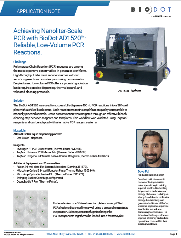 Achieving Nanoliter-Scale PCR with BioDot AD1520™: Reliable, Low-Volume PCR Reactions.