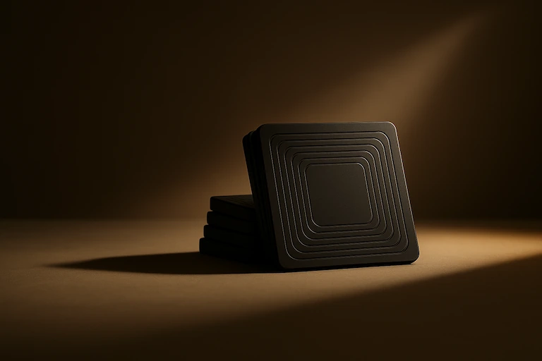 Stack of dark RFID tags with a concentric antenna coil pattern on top.
