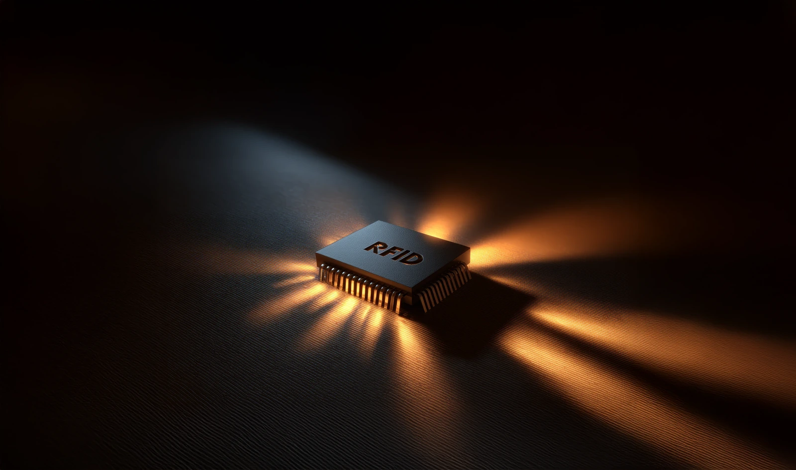 Close-up of a dark RFID chip labeled RFID lit by dramatic orange light.
