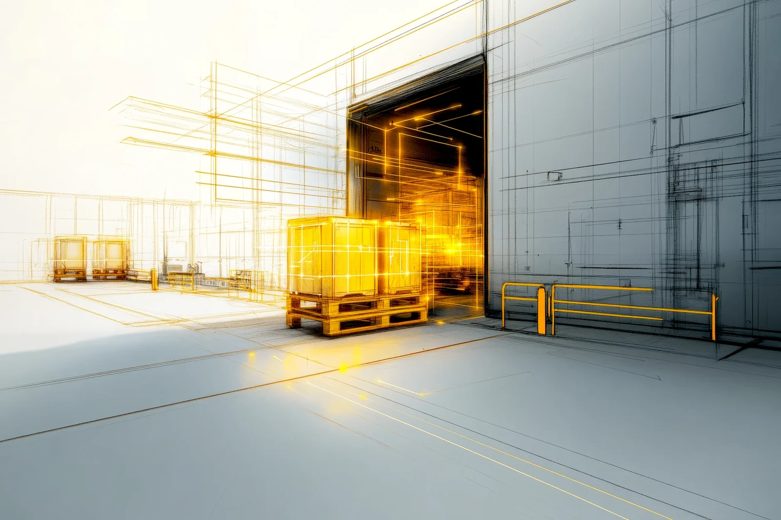 Wireframe rendering of a warehouse loading dock with a glowing pallet at the doorway.