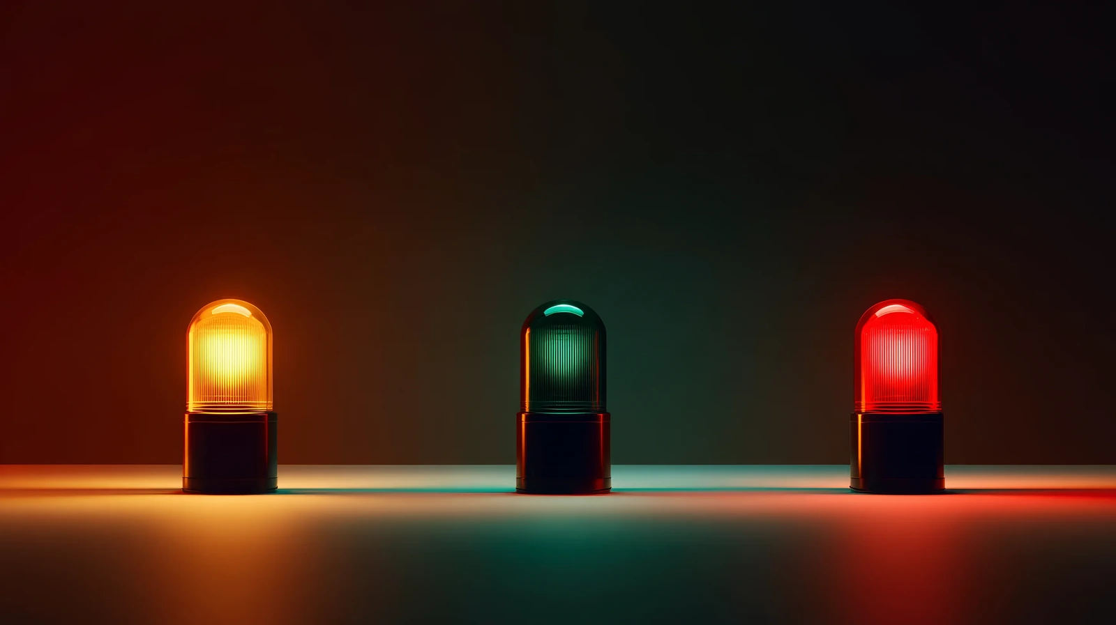 Three stack lights in amber, green and red, an illustration of status signals on the line