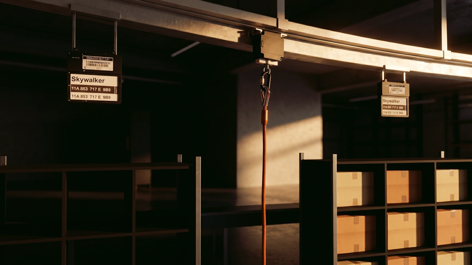 SMAVOO 7.5-inch Double Labels hanging from an overhead rail next to an Order Cord pull line above sequence racks