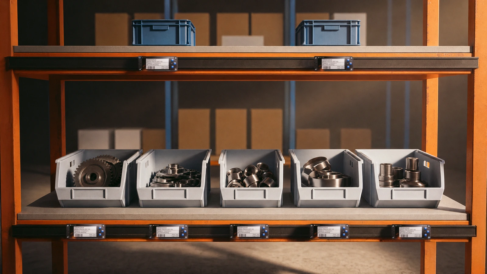 Shelf with small-parts bins of metal components, each slot labelled with a SMAVOO 2.9-inch e-paper label