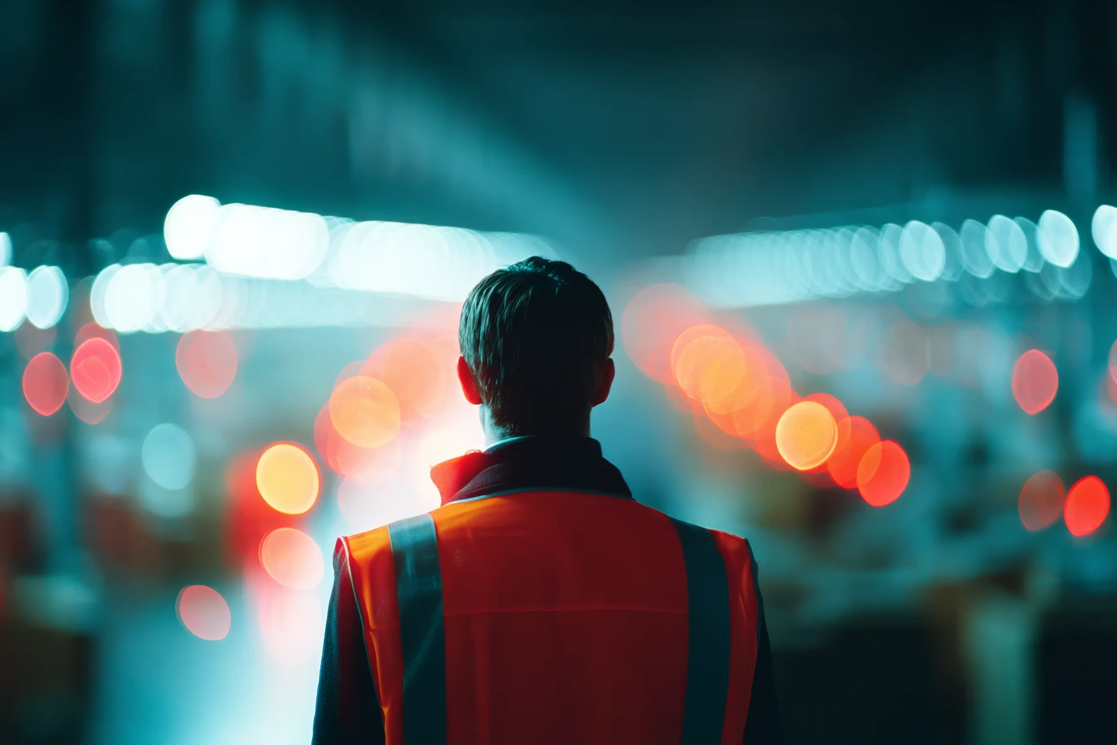 Warehouse worker in a high-visibility vest looking down a blurred, lit aisle