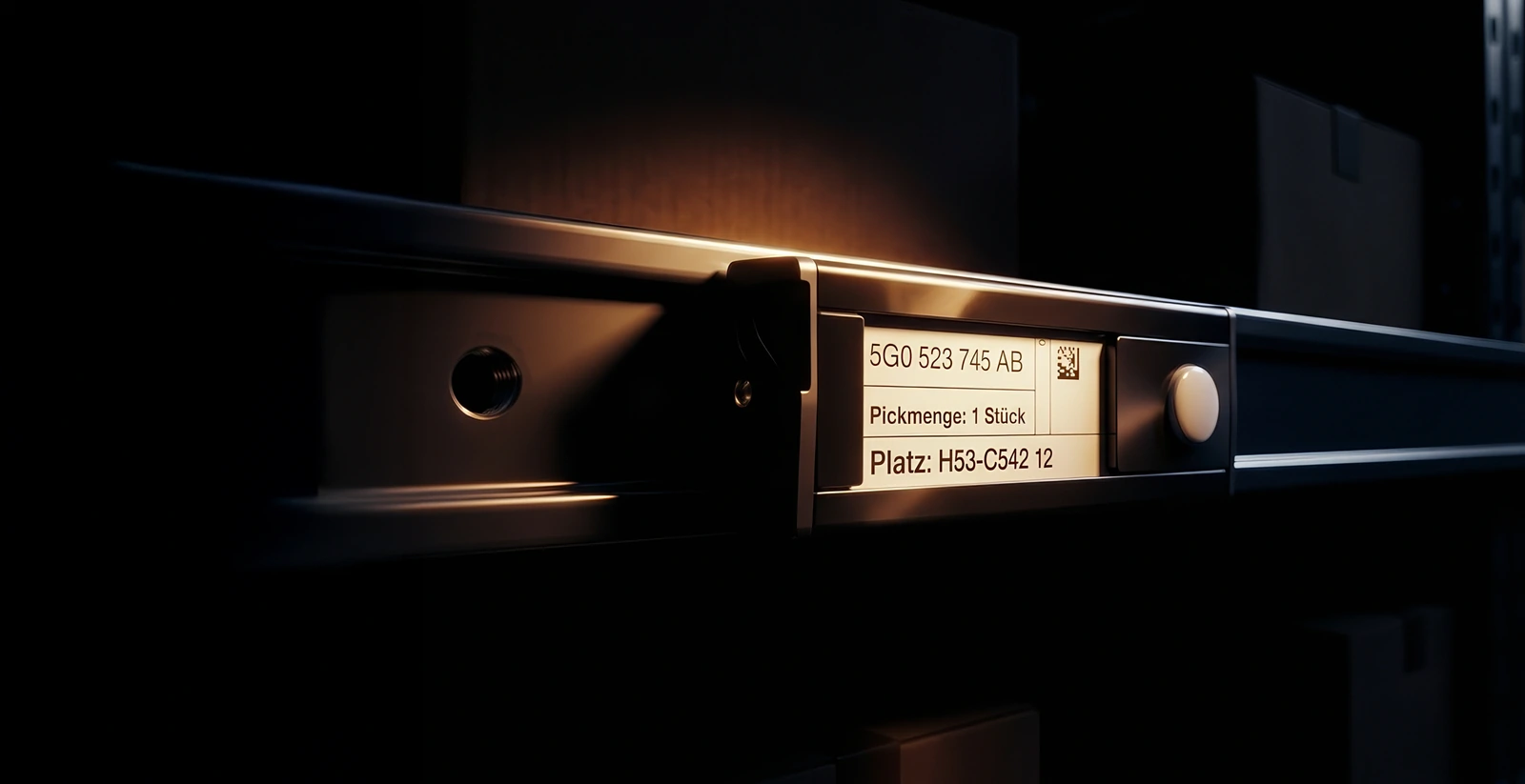 SMAVOO 2.9-inch Order Button on a shelf rail showing article number, pick quantity and storage location