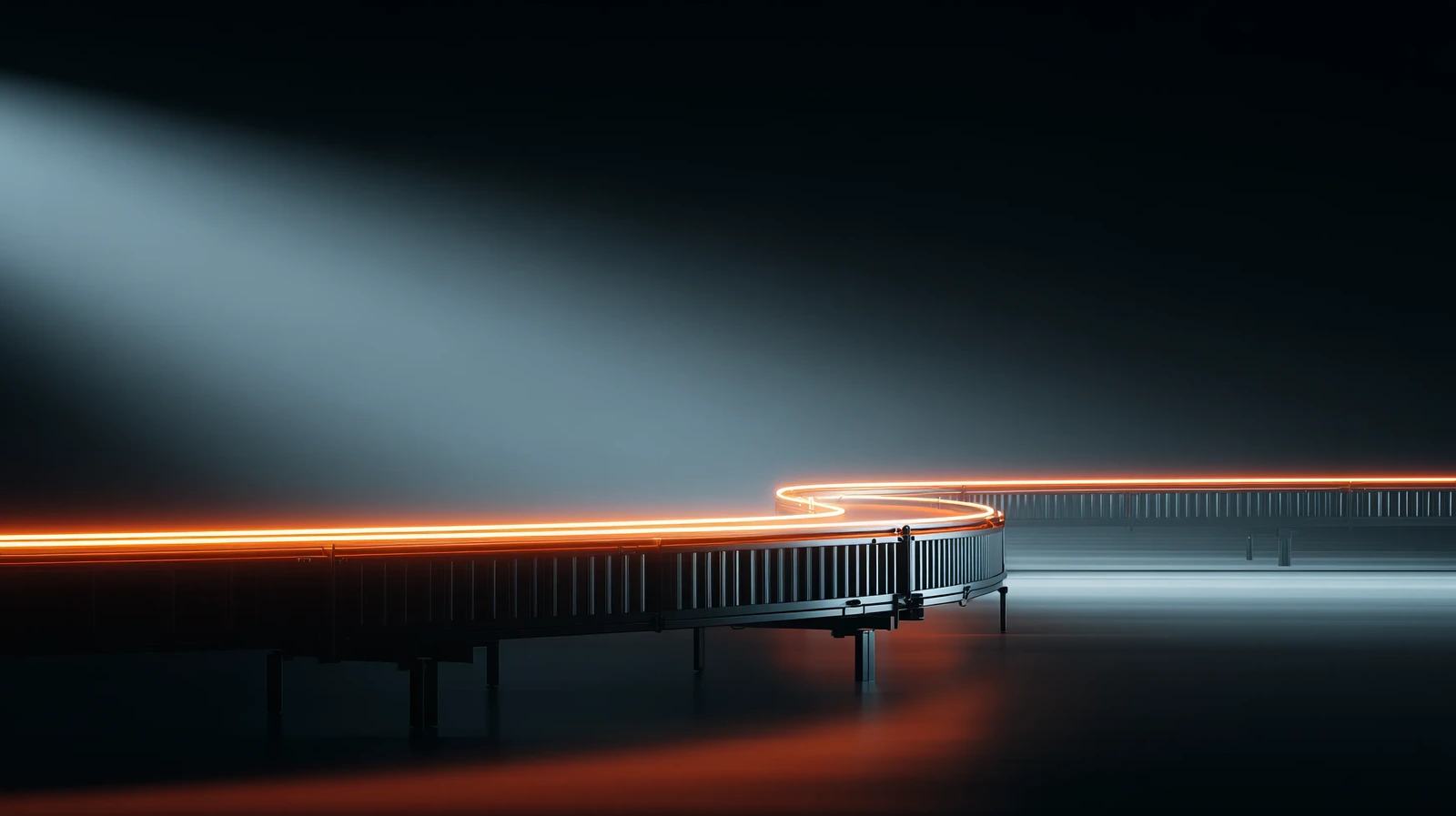 Conveyor line traced by a continuous light trail, replenishment data flowing through connected systems