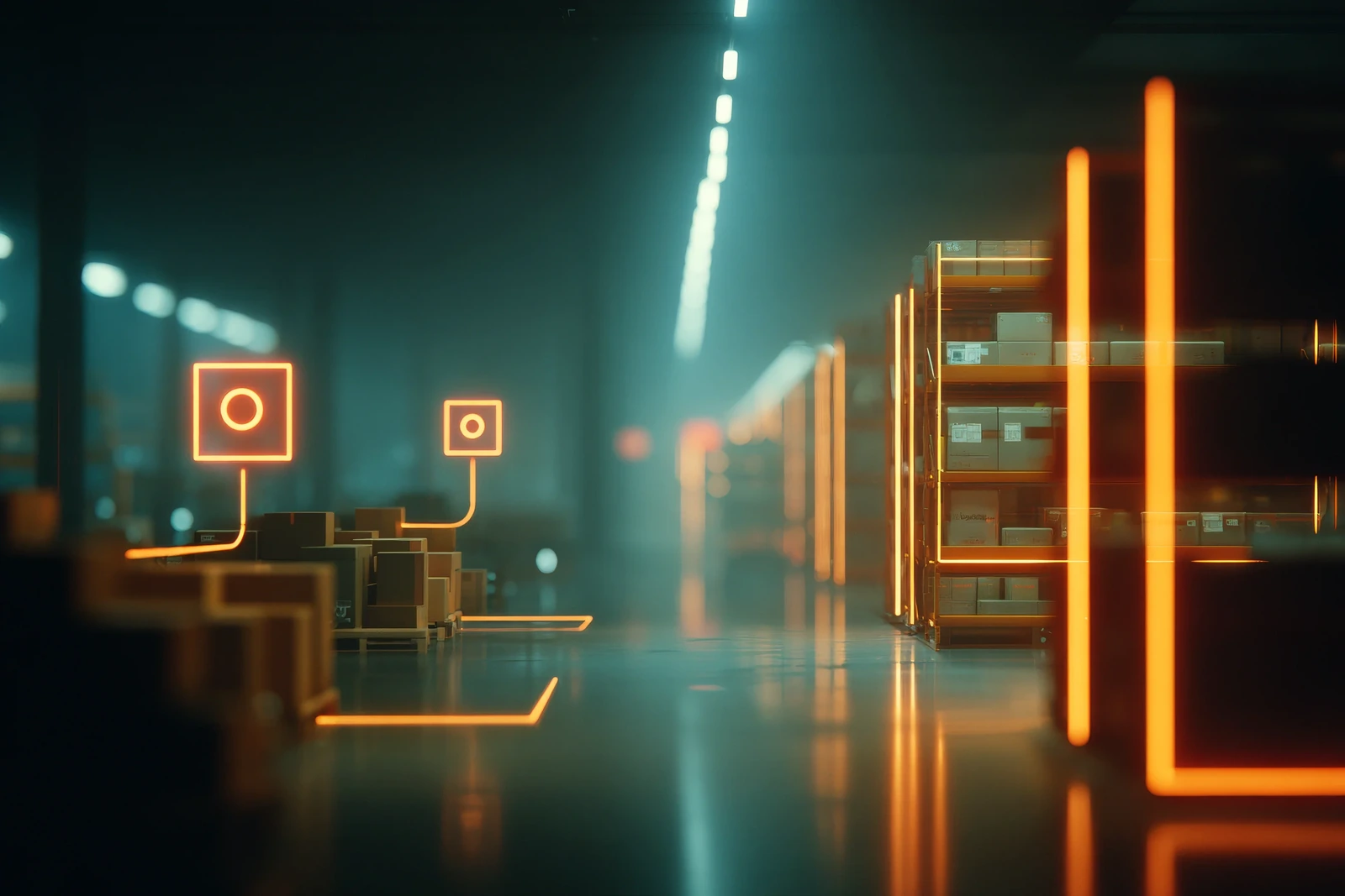 Networked sensor devices outlined in light across a warehouse aisle, an E-Kanban system as a connected network