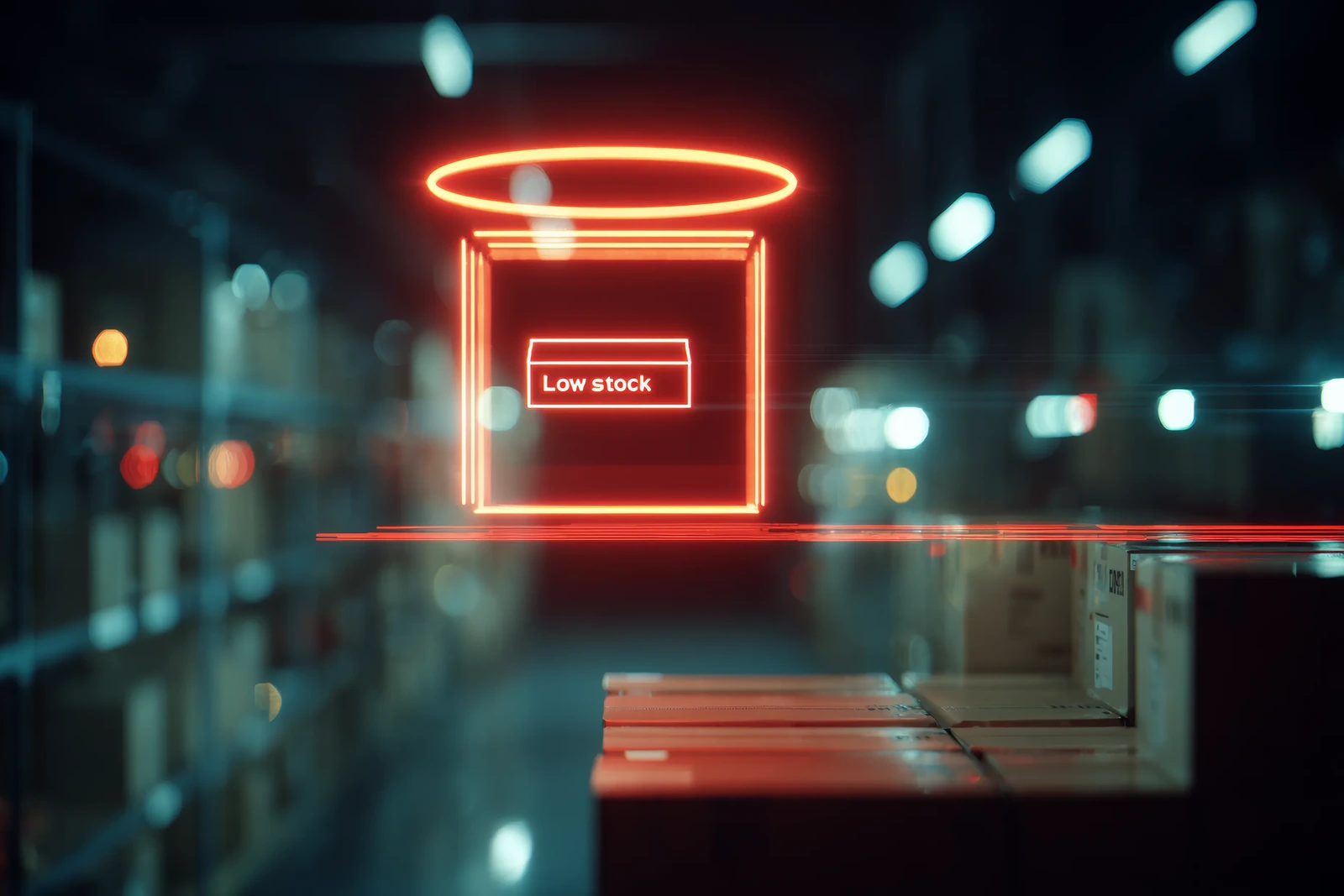 Glowing "Low stock" signal outlined above a storage bin, the electronic Kanban pull signal made visible